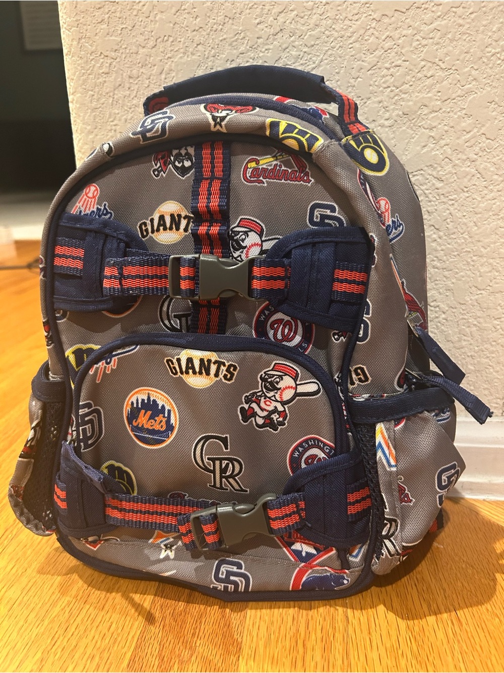 Pottery Barn Kids MLB Baseball Teams Pattern Grey Backpack with Navy Trim